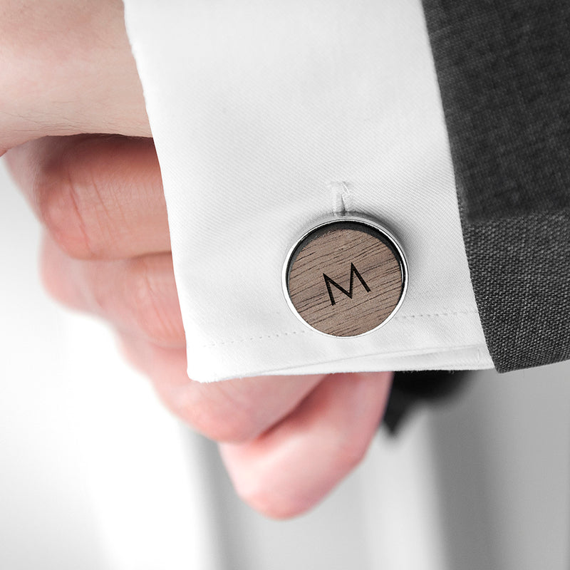 Personalised Monogram Engraved Round Walnut Cufflinks