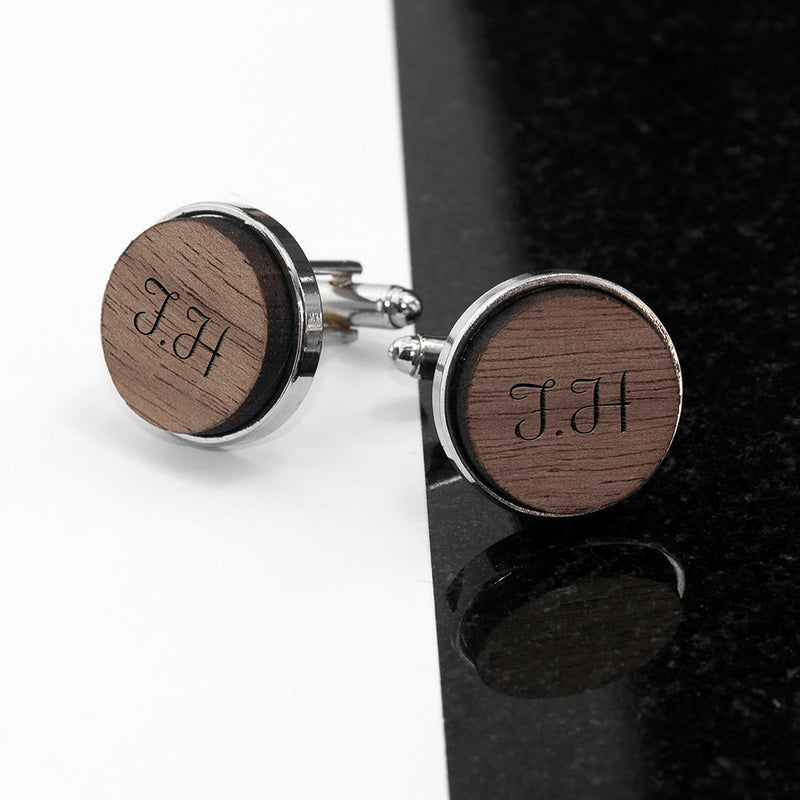 Personalised Monogram Engraved Round Walnut Cufflinks