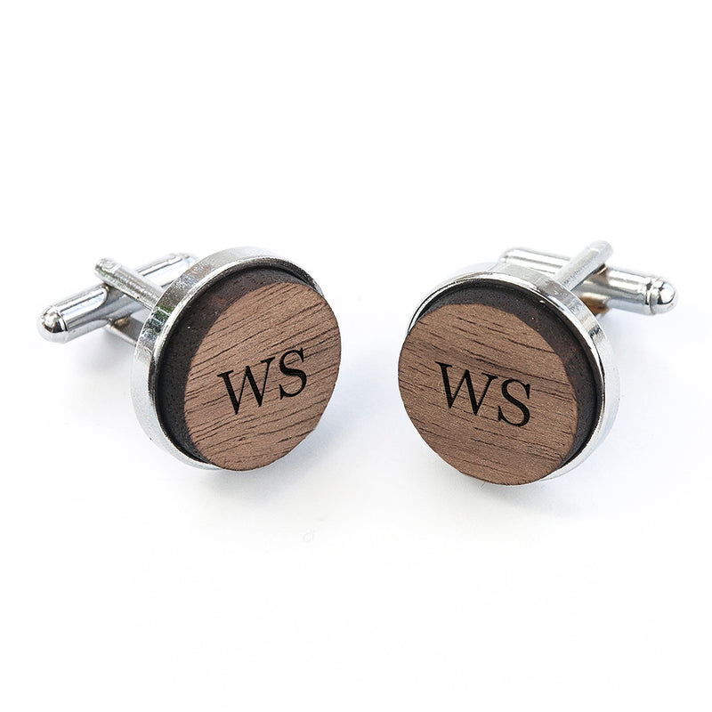Personalised Monogram Engraved Round Walnut Cufflinks