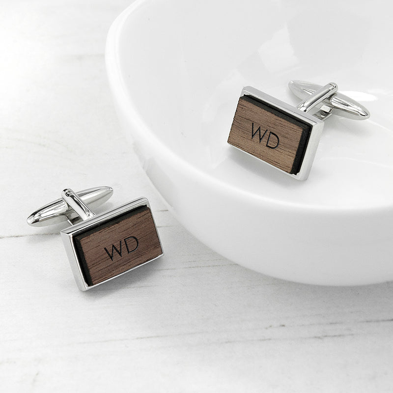Personalised Monogram Engraved Rectangle Walnut Cufflinks