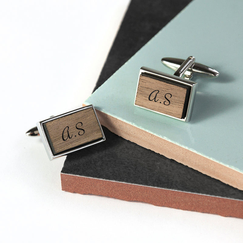 Personalised Monogram Engraved Rectangle Walnut Cufflinks