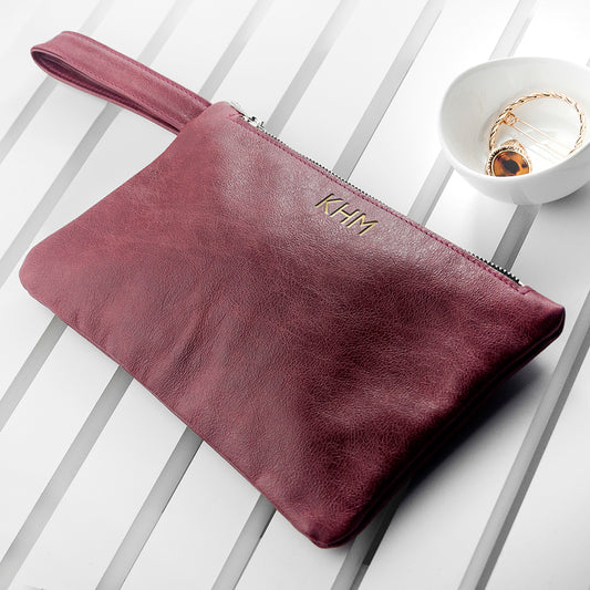 Personalised Monogrammed Burgundy Leather Clutch Bag