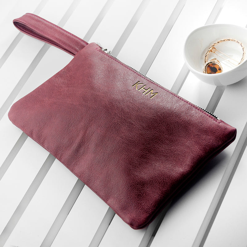 Personalised Monogrammed Burgundy Leather Clutch Bag