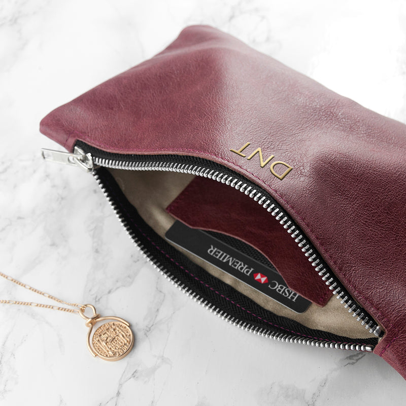 Personalised Monogrammed Burgundy Leather Clutch Bag