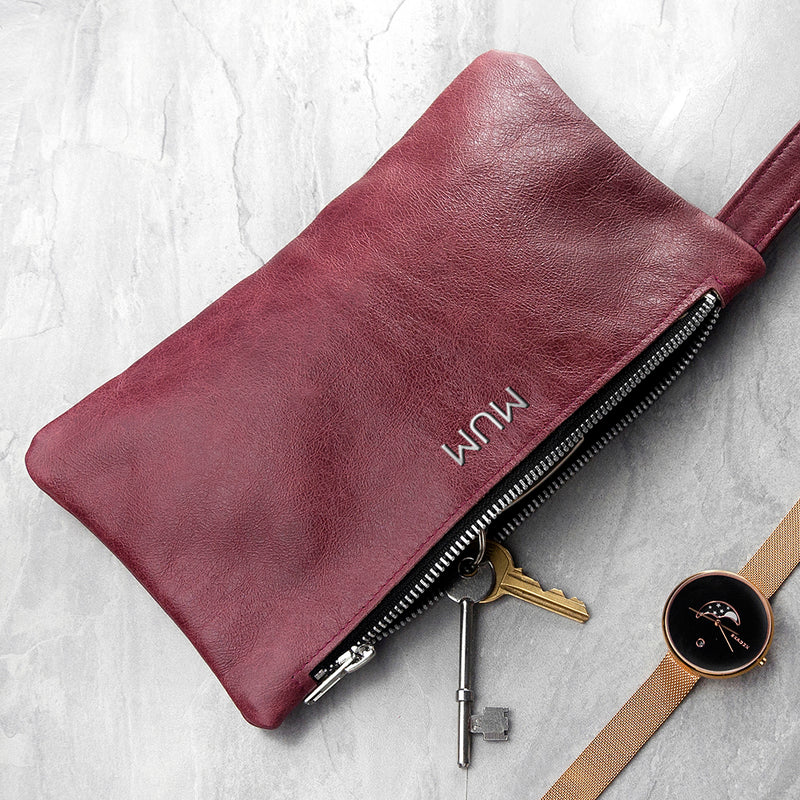Personalised Monogrammed Burgundy Leather Clutch Bag