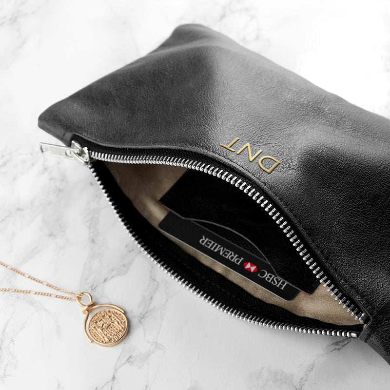 Personalised Monogrammed Black Leather Clutch Bag