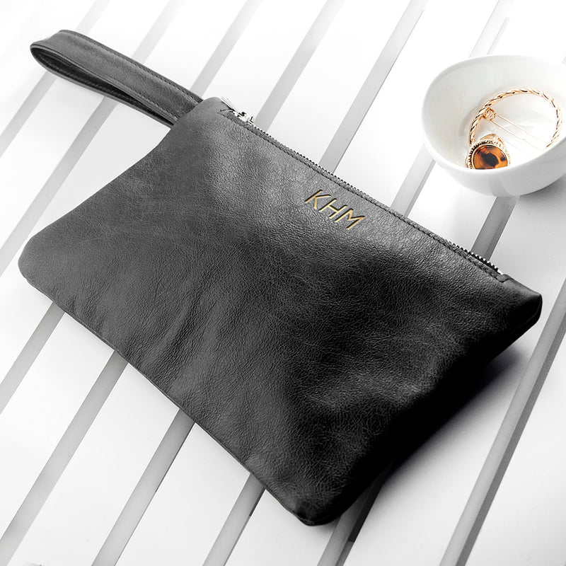 Personalised Monogrammed Black Leather Clutch Bag