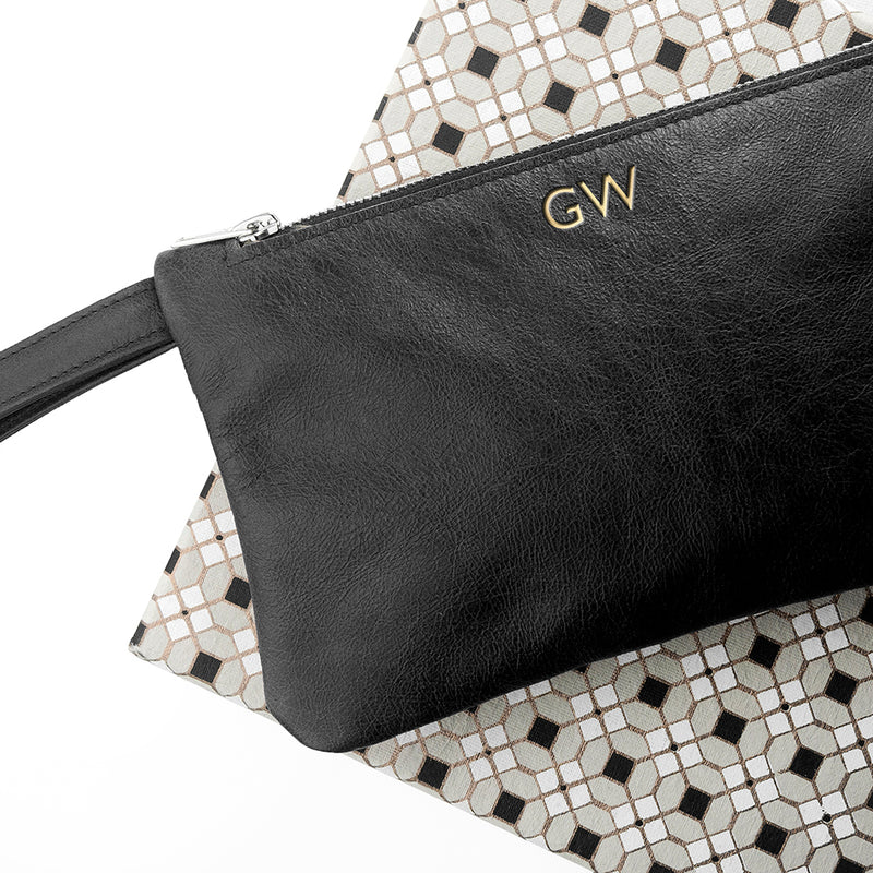 Personalised Monogrammed Black Leather Clutch Bag