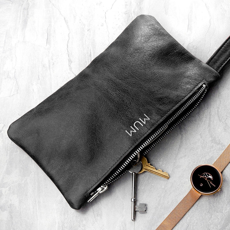 Personalised Monogrammed Black Leather Clutch Bag