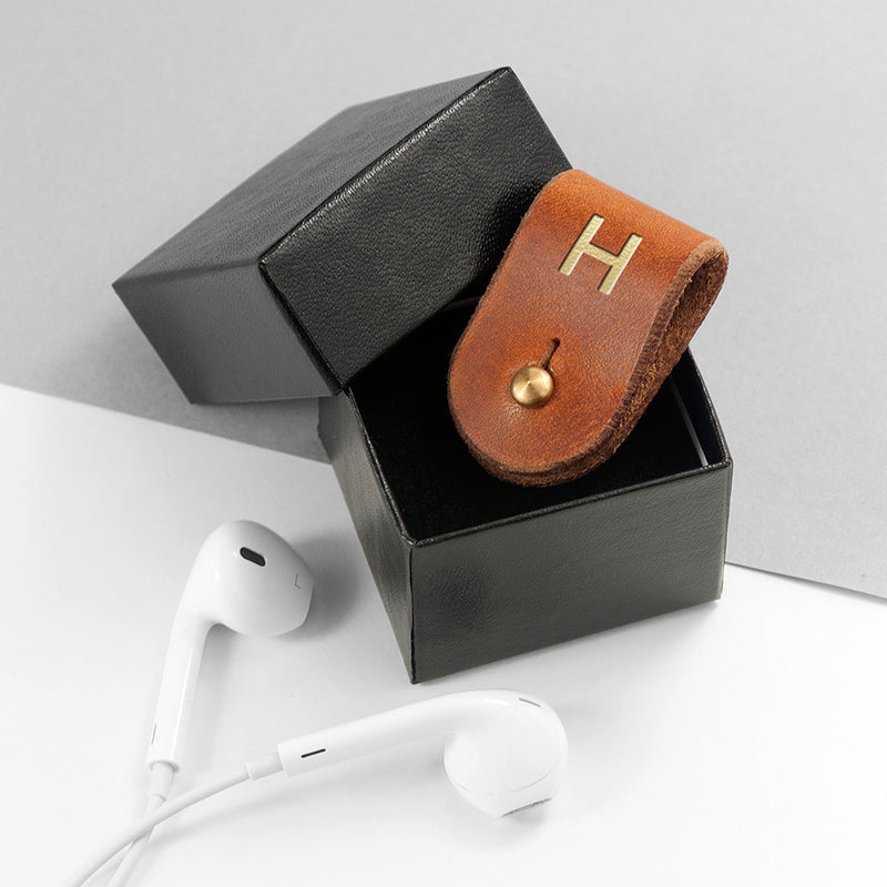 Personalised Monogrammed Leather Earphones Holder