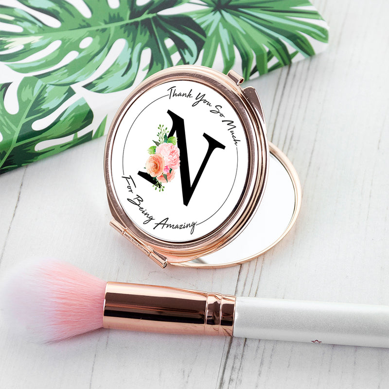 Personalised Floral Initial Rose Gold Compact Mirror