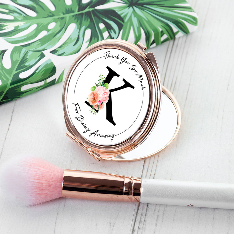 Personalised Floral Initial Rose Gold Compact Mirror