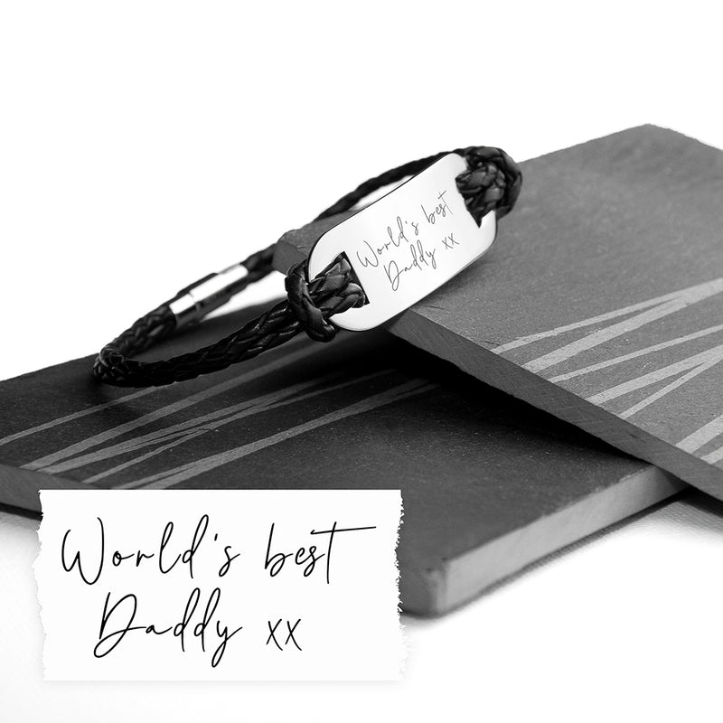 Personalised Handwriting Mens Black Leather Bracelet