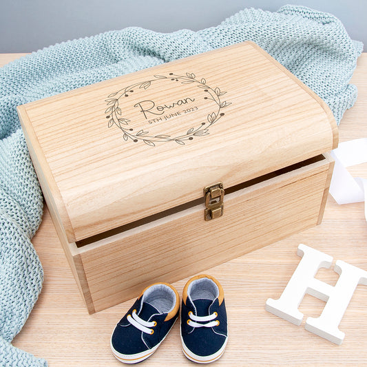 Personalised Botanical Wreath Keepsake Wooden Chest