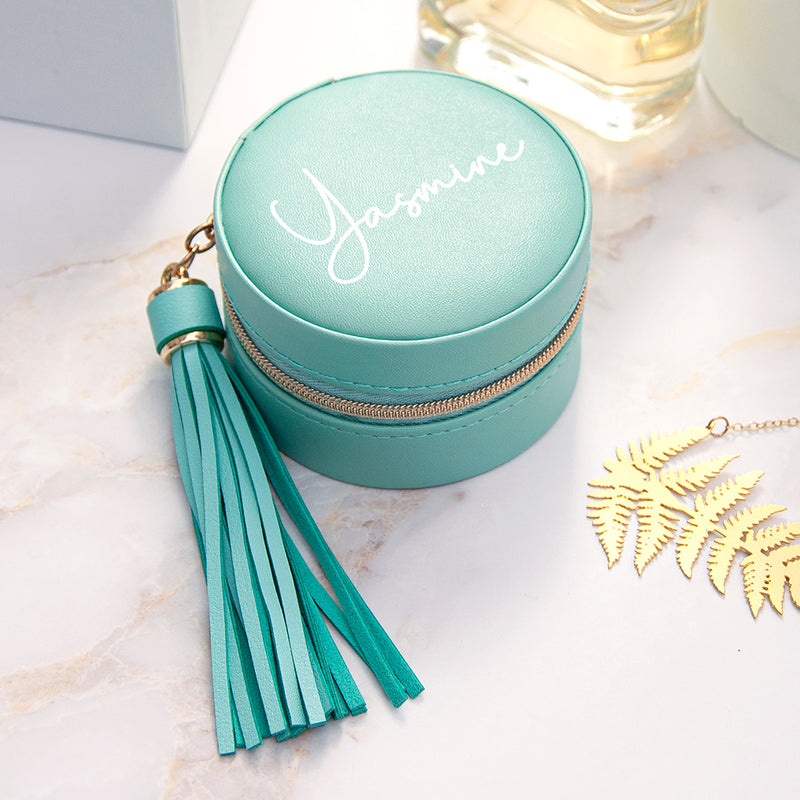 Personalised Turquoise Jewellery Case with Tassel
