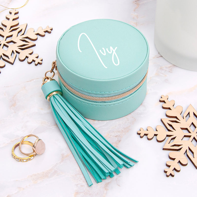 Personalised Turquoise Jewellery Case with Tassel