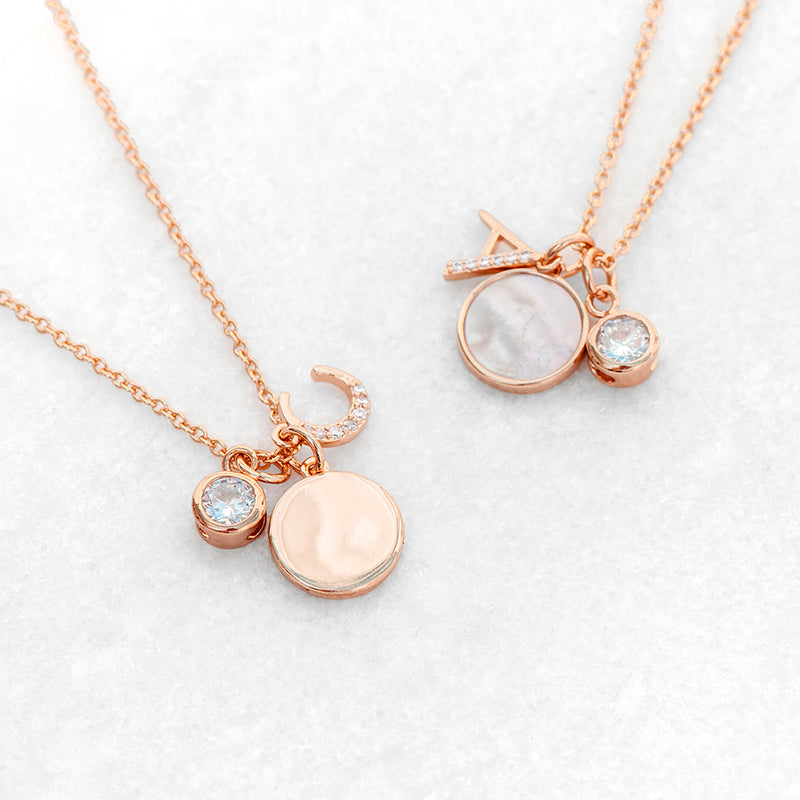 Rose Gold Initial Necklace with Mother of Pearl and Crystal