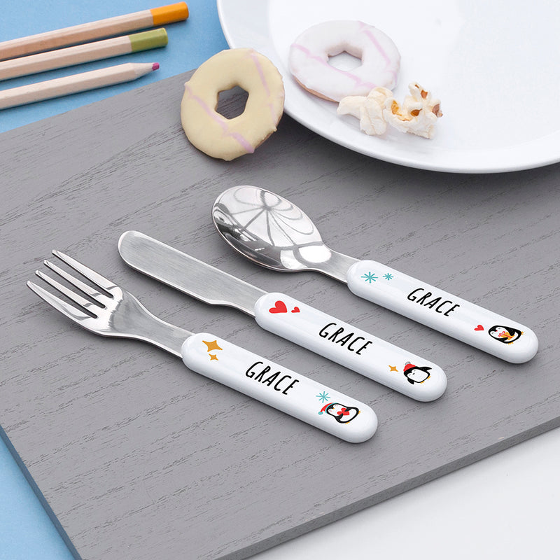 Personalised Kids Winter Penguin Cutlery Set - Metal