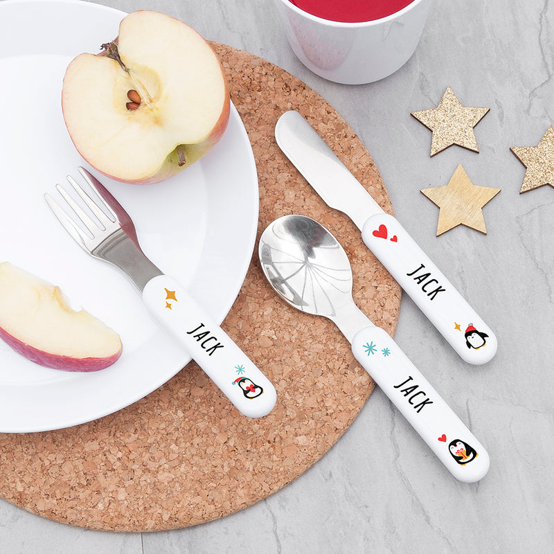 Personalised Kids Winter Penguin Cutlery Set - Metal