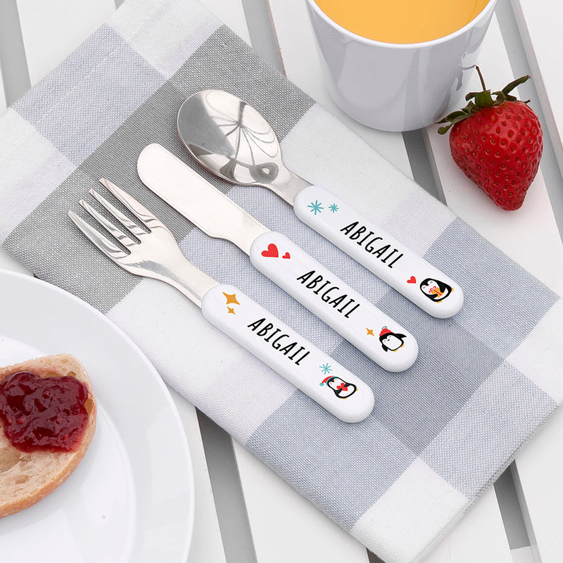 Personalised Kids Winter Penguin Cutlery Set - Metal