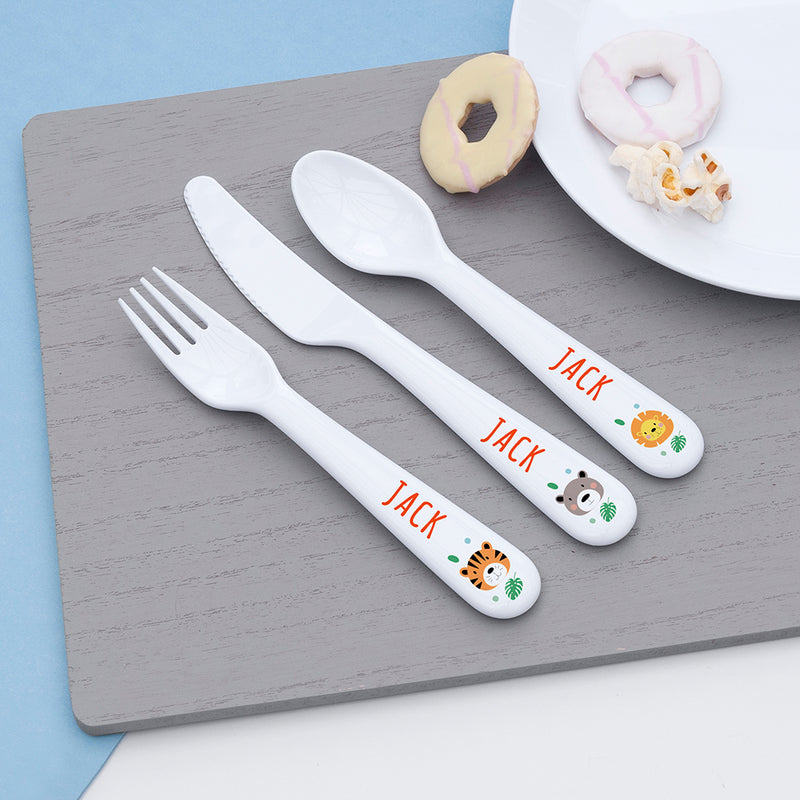 Personalised Kids Jungle Animal Cutlery Set - Plastic