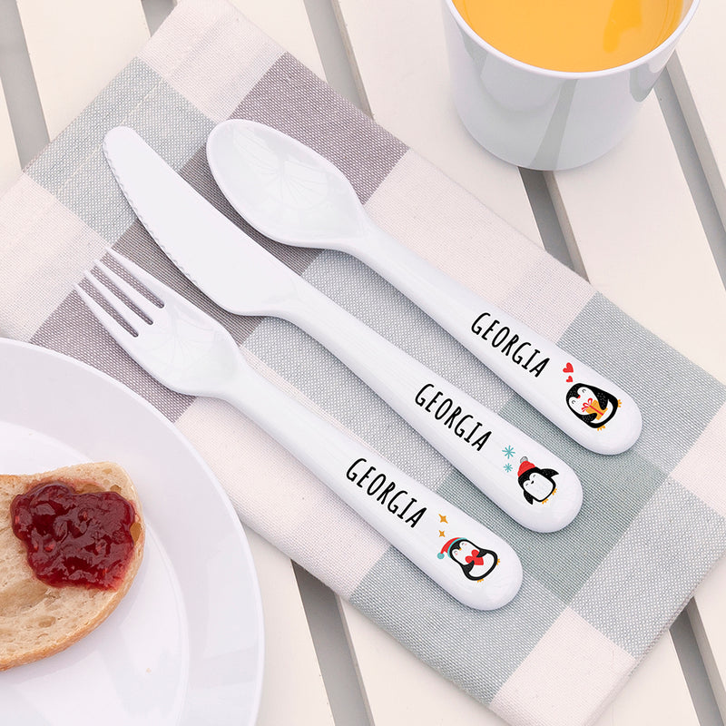 Personalised Kids Winter Penguin Cutlery Set - Plastic