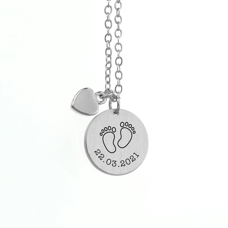 Personalised Baby Feet Matte Heart & Disc Necklace