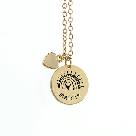 Personalised Rainbow Matte Heart & Disc Necklace