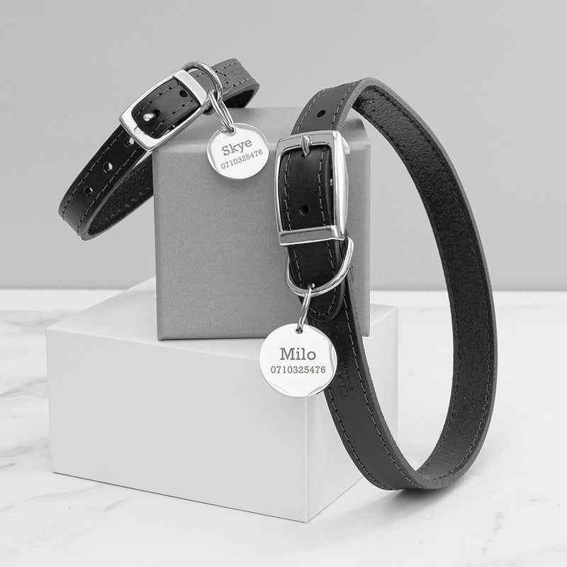 Personalised Classic Black Leather Dog Collar with Tag