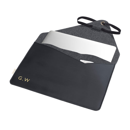 Personalised Monogrammed Black Vegan Apple Leather Laptop Sleeve - 13 inch, alternate view