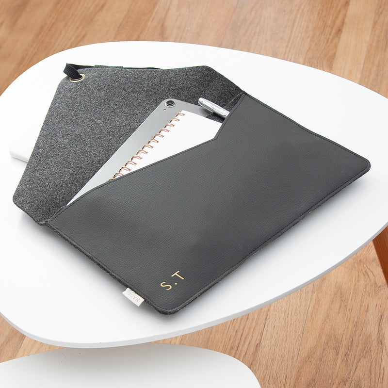 Personalised Monogrammed Black Vegan Apple Leather Laptop Sleeve - 13 inch