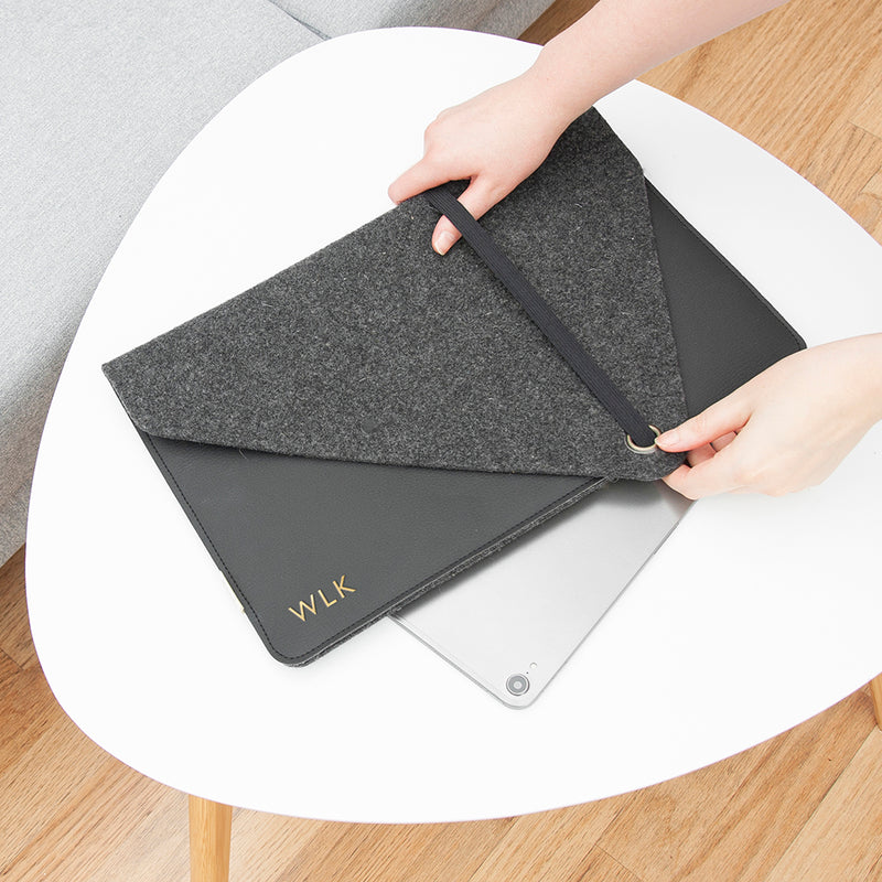 Personalised Monogrammed Black Vegan Apple Leather Laptop Sleeve - 13 inch