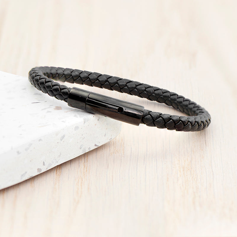Personalised Mens Woven Black Leather Bracelet