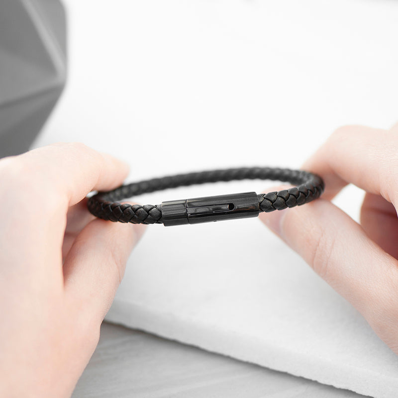 Personalised Mens Woven Black Leather Bracelet