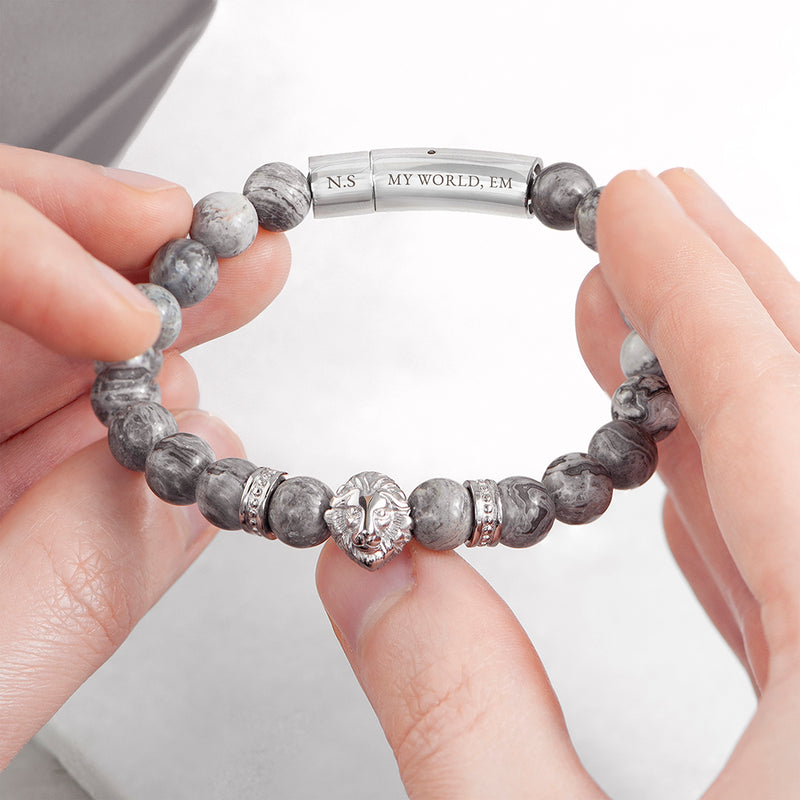 Personalised Men's Silver Lion Jasper Stone Bracelet