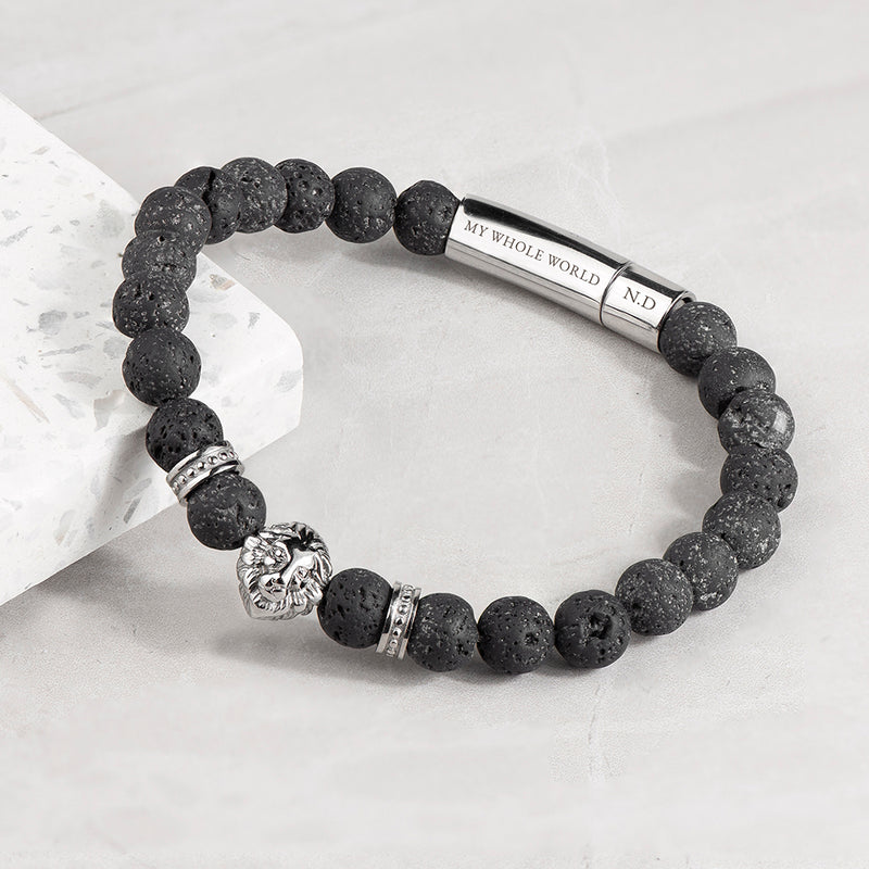 Personalised Men's Silver Lion Black Beaded Bracelet