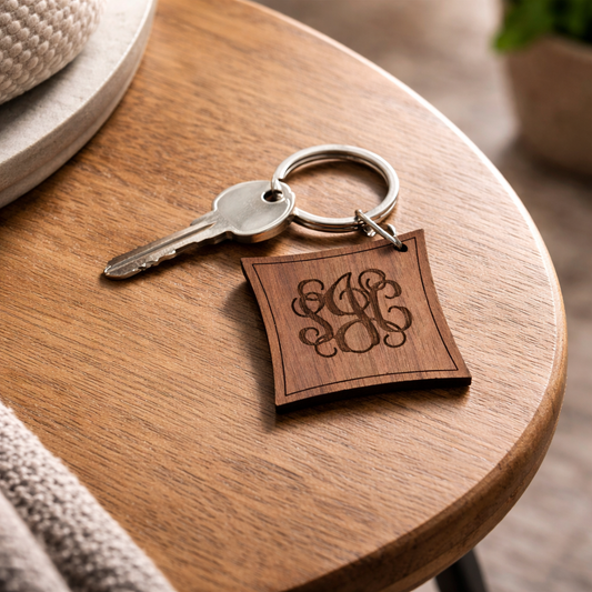 Personalised Monogrammed Initials Walnut Wood Keyring, alternate view