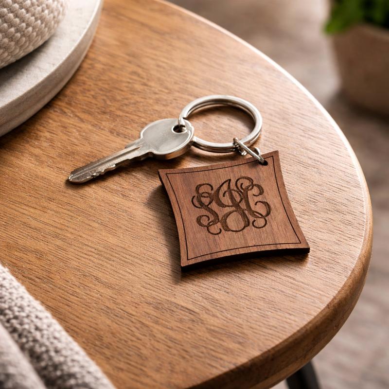 Personalised Monogrammed Initials Walnut Wood Keyring