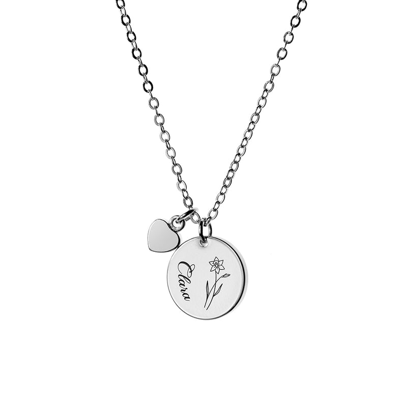 Personalised Birth Flower Heart and Disc Necklace