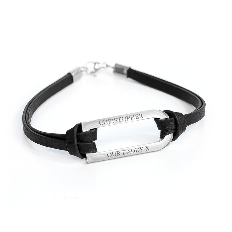 Personalised Men's Shoreditch Silver Bar Black Leather Bracelet