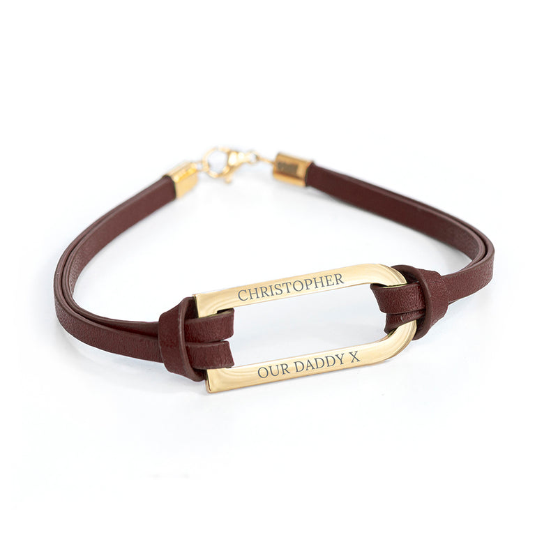 Personalised Men's Shoreditch Gold Bar Brown Leather Bracelet