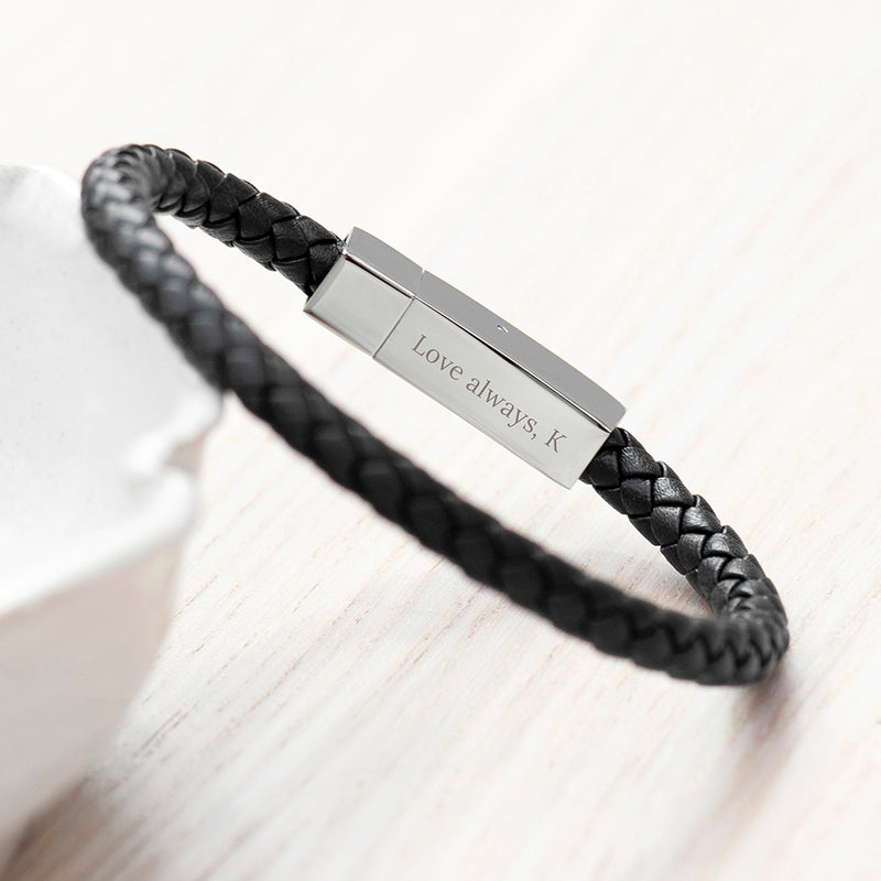 Personalised Men's Leather Travel Compass Bracelet With Tube Clasp