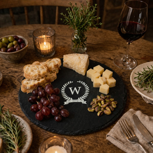 Personalised Monogrammed Wreath Round Slate Cheese Board, alternate view