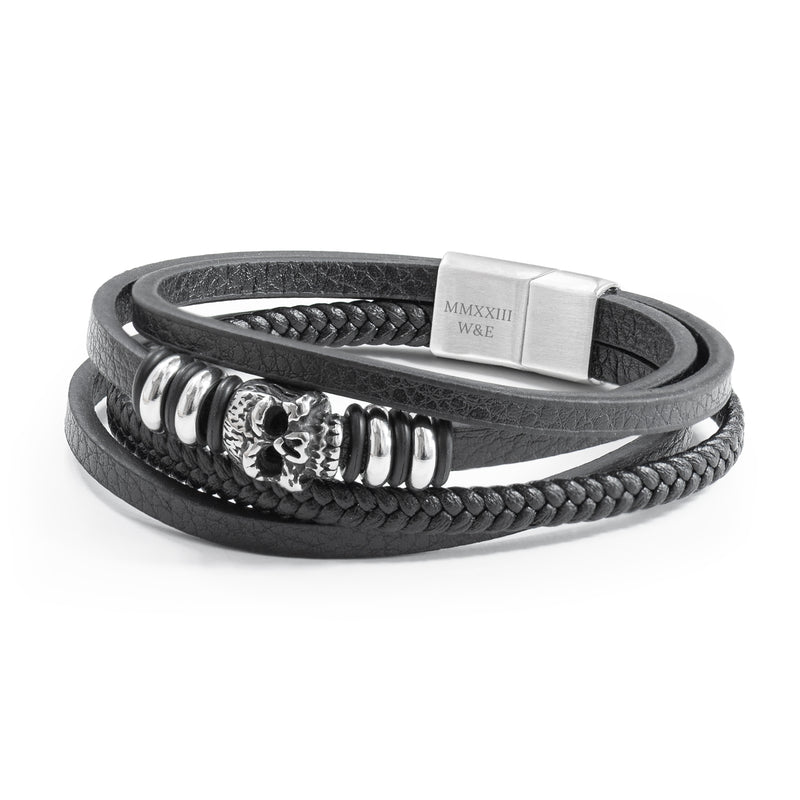 Personalised Men's Stacked Leather Skull Bracelet