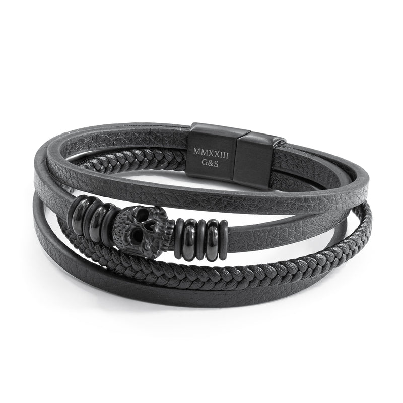 Personalised Men's Stacked Leather Skull Bracelet