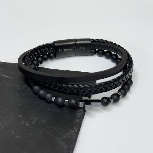 Personalised Men's Beaded and Stacked Leather Cross Bracelet