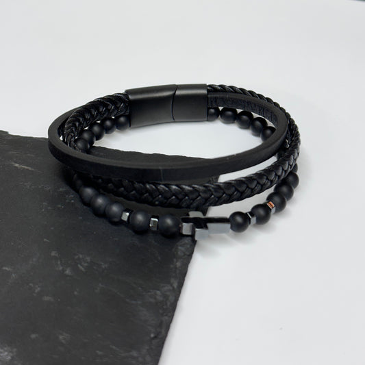 Personalised Men's Beaded and Stacked Leather Cross Bracelet