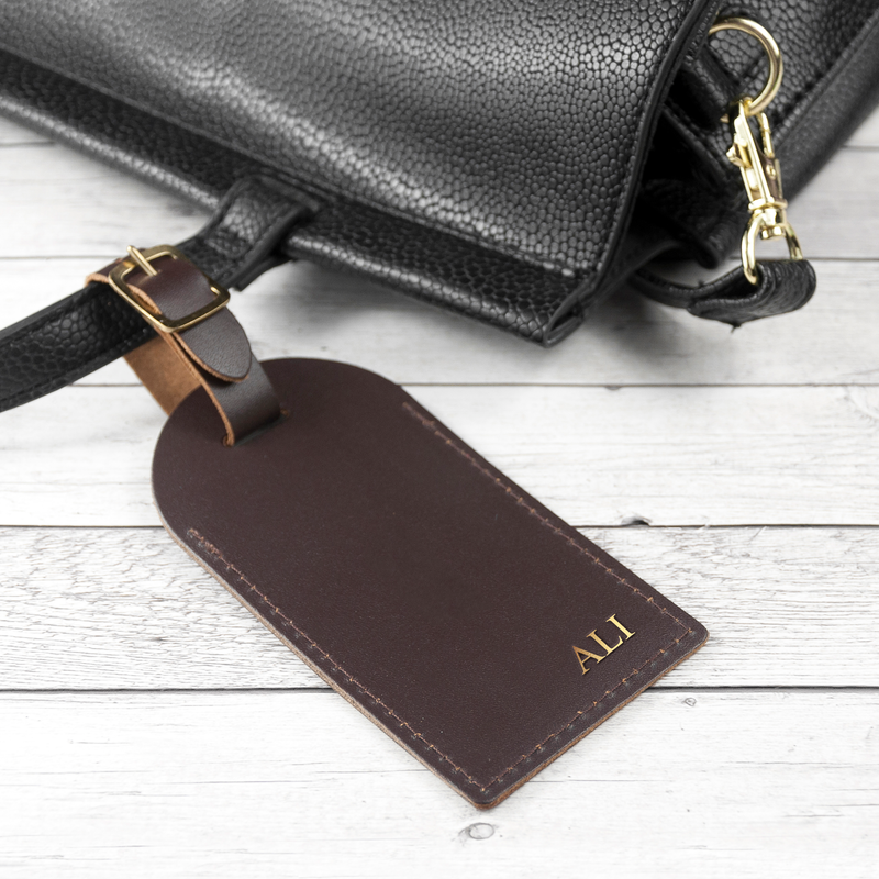 Personalised Brown Foiled Leather Luggage Tag