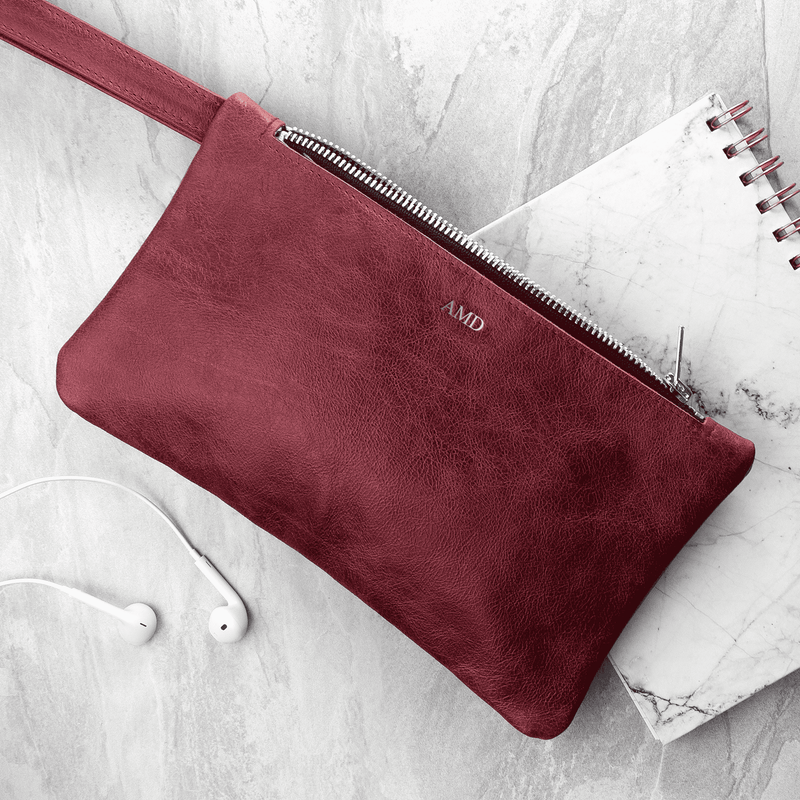 Personalised Monogrammed Burgundy Leather Clutch Bag