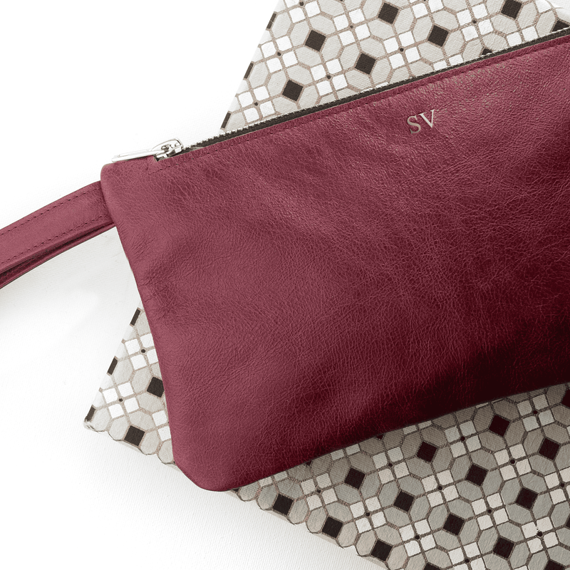 Personalised Monogrammed Burgundy Leather Clutch Bag